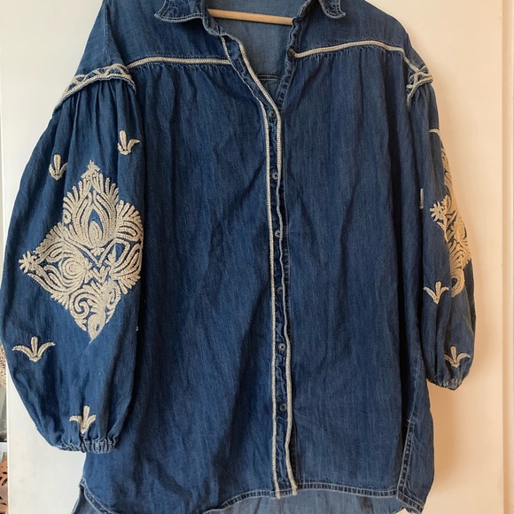 Free People Tops - Embroidered Denim Blouse
